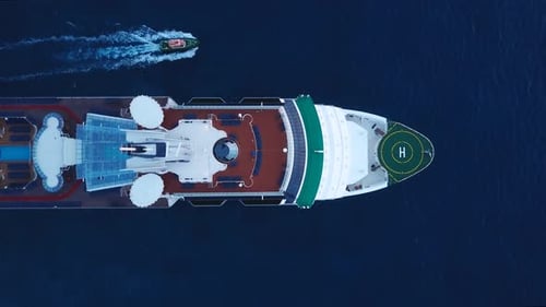 Large cruise ship docked at sea - Aerial footage