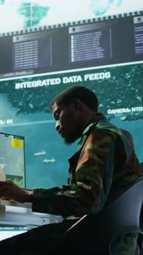 Vertical Video Military Personnel in a Control Center Working on Data Processing