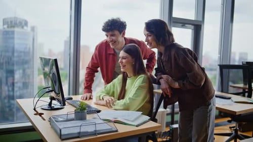 Startupers Discussing Project Online Talking to Laptop Webcam in Office Closeup