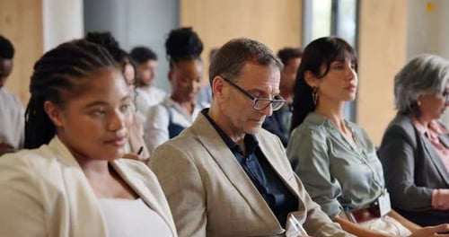 Conference hall, listening or business people at seminar for corporate training