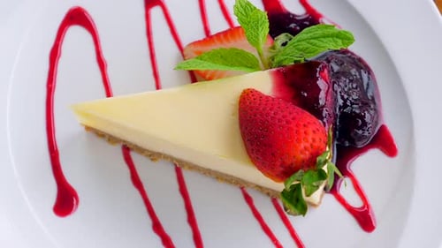 Delicious Cheesecake with Fresh Strawberries and Mint is Served on a White Plate in a Cafe