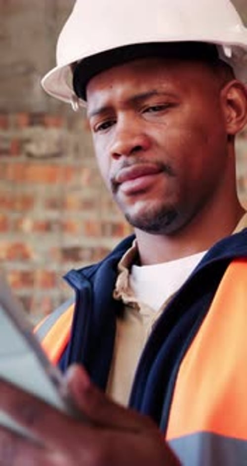 Architect, research and black man with tablet in building, thinking and safety inspection with info