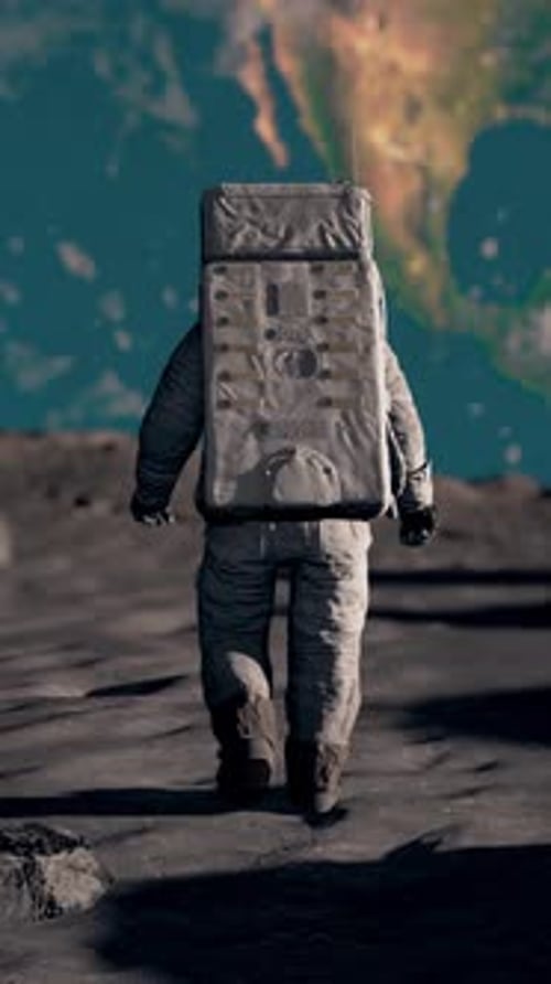 Astronaut Walking on Moon Surface Towards Distant Earth Vertical Video