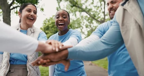 Volunteer, people or hand stack in park for community service, green project