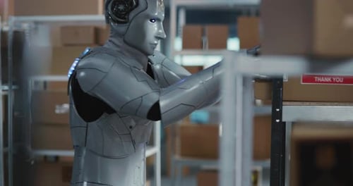 AI Robot Employee Working in Workshop Delivery Department of Post Office Cybernetic Cyborg