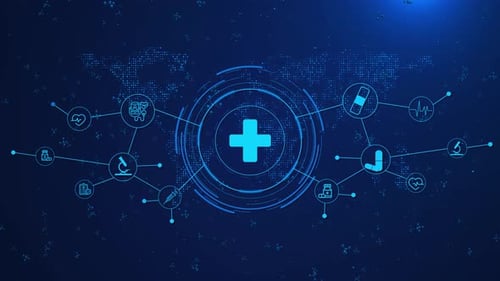 Digital Healthcare Network Connection and Medical Icon Display