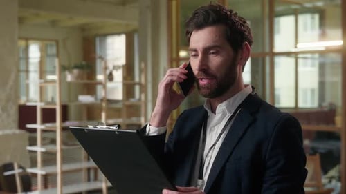 Business Man Worker Talking Mobile Phone in Office Caucasian Businessman Manager Negotiate Bank