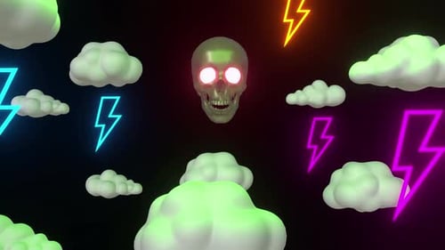 Halloween Skull with Neon Lightning and Falling Pumpkins Animation