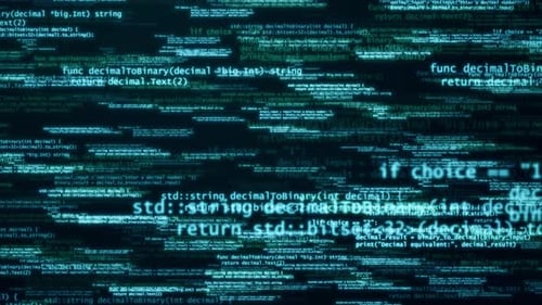 Dark Blue Matrix: Cybersecurity Concept with Hacking Code and Artificial Intelligence