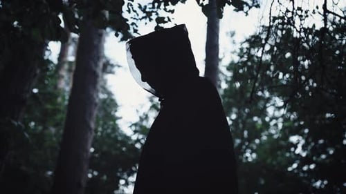 A Terrible Black Figure Without a Face in a Mystical Forest