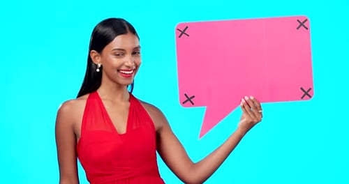 Social media woman, happy and mockup speech bubble for opinion, marketing space