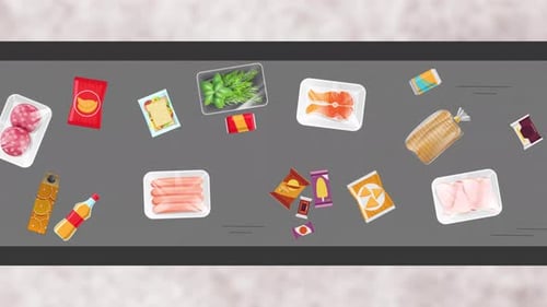 The Movement of the Conveyor with a Lot of Different Products in the Supermarket