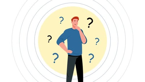 Animated Man Thinking with Question Marks in Flat Design