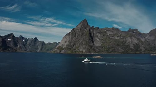 Fishing Boat in the Hamnoy Lofoten Islands Aerial Footage