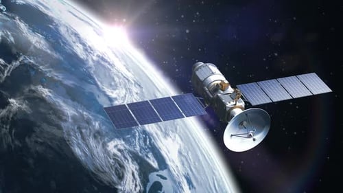 Realistic Satellite Orbiting Planet Earth in Space with Sunlight