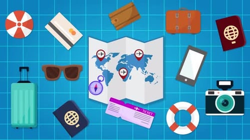 Flat Design Travel Icons Animation on World Map