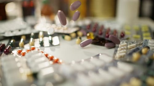 Pharmacy Slow Motion Video of Pills Falling on Boxes with Medicine