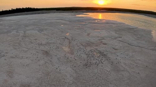 Aerial drone view of a barren sandy landscape with the sun setting over the horizon in the distance.