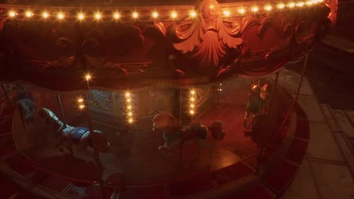 Empty Amusement Park at Night Featuring an Illuminated Carousel and Stillness