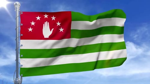 Abkhazia Flag Waving on Blue Sky with Sun Glare