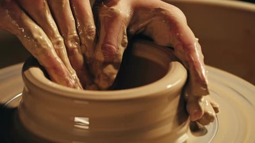 Woman Potter travaille avec de l'argile lors d'une master class sur le processus de travail en studio dans Ceramic Workshop Potter