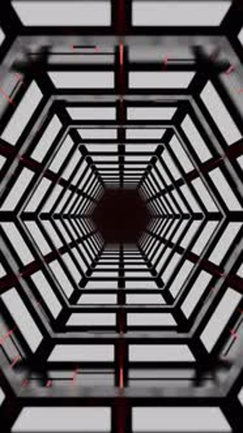 Explore the Futuristic Abstract Tunnel Adorned with Red LED Lights and Geometric Patterns Design
