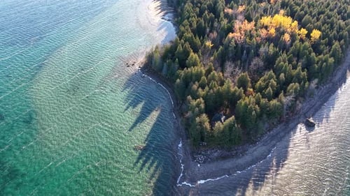Drone footage of a forested peninsula with autumn colors, turquoise shallows, and long tree shadows