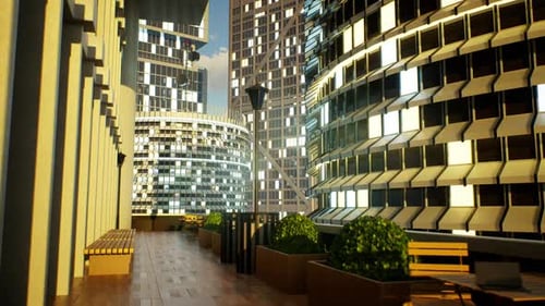Altos rascacielos y edificios comerciales durante la puesta de sol
