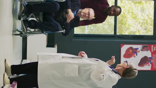 Vertical Video Male Caretaker Helping Senior Man in Wheelchair to Come at Pharmacy Shop