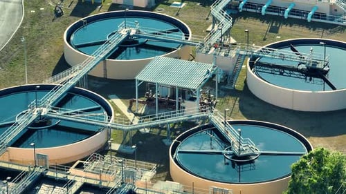 Aerial View of Water Treatment Factory at City Wastewater Cleaning Facility Purification Process of