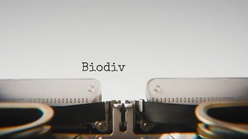 Old mechanical typewriter typing Biodiversity Crisis in a close-up view.