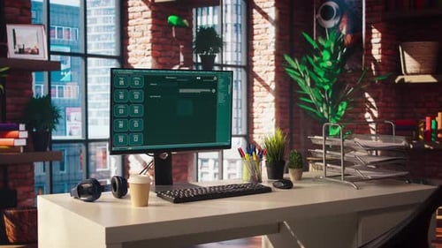 Focus on AI LLM Chatbot PC GPT Software on PC Monitor in Modern Home Office