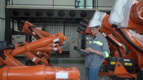 Tech industry. Business industry technology, people and tech. Engineer working in factory.