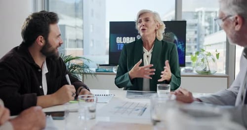 Office, business people and woman with discussion for meeting, training