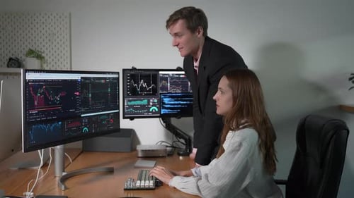 Man at night on computer screen for data analytics, stock market research or digital graphs, charts