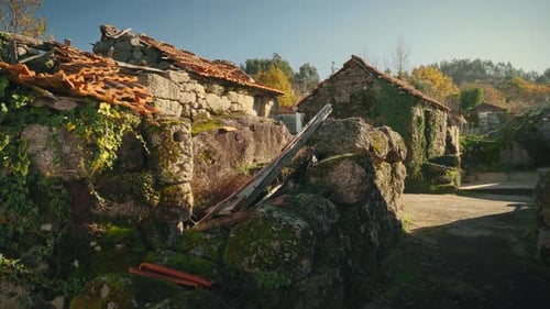 Traditional Street with Abandoned Stone Houses in a Portuguese Countryside Village