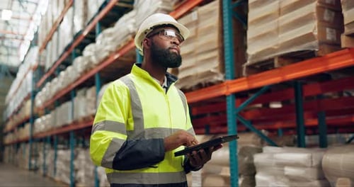 Manufacturing, warehouse and black man with tablet for inspection, inventory and online stock