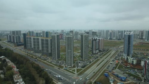 Construction site of a new city block. Construction of multi-storey buildings.