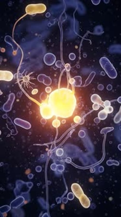 Futuristic Animated Biological Cells and Bacteria with Glowing Activity