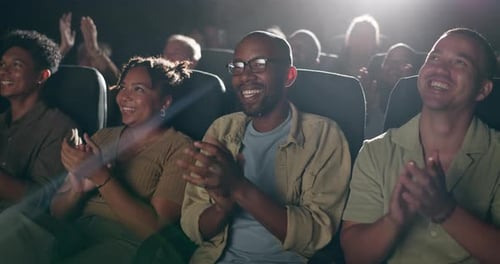 Audience, happy or applause in theater, performance or entertainment as appreciation or support