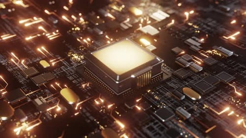 Futuristic CPU Microchip with Glowing Data Flow on Circuit Board