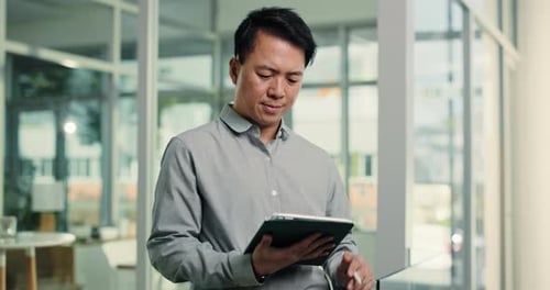 Agenda, signature and tablet with business man in glass office for online planning or research