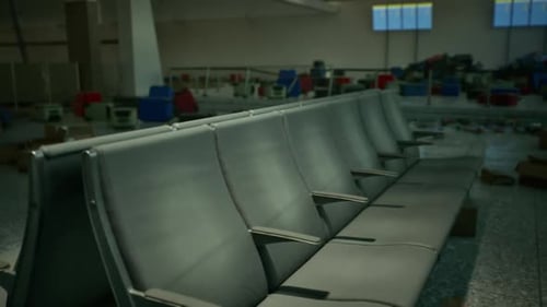 Abandoned Airport Terminal with Empty Seating and Scattered Debris