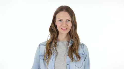 Smiling Woman Gives Thumbs Up Gesture on White