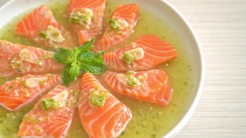 Fresh Salmon Dish with Green Sauce and Mint