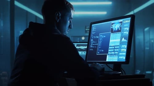 Young Adult Hacker Working at Computer in Dark Room
