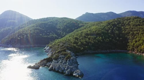 Aerial view of small bay between rocks in mediterranean sea, Akvaryum Koyu, Datça