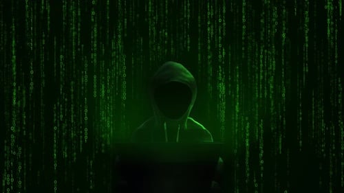 Digital Hacker with Glitch Effect and Falling Binary Code