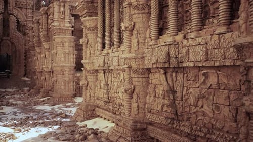 A Beautifully Carved Stone Temple Wall Adorned with Intricate Ornaments