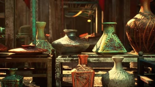 Antique Ornate Vases Display with Dynamic Lighting